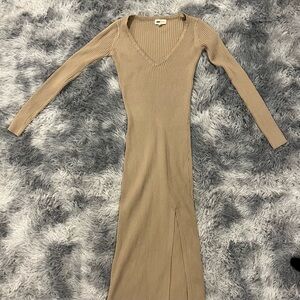 Fashion Nova Tan Ribbed Midi V Neck Autumn Sweater Dress‎ with Slit- Size M